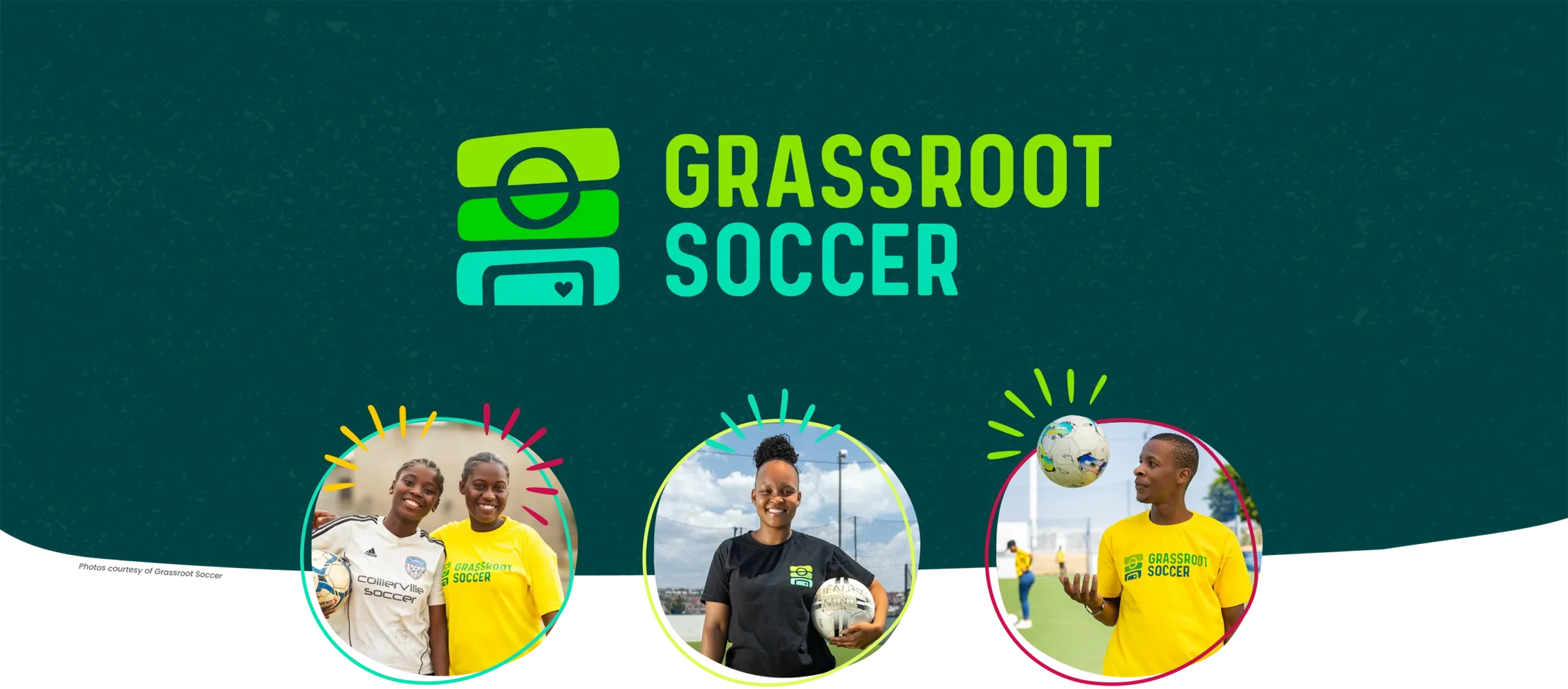 Grassroot Soccer logo above three circular photos of players and coaches on a soccer field