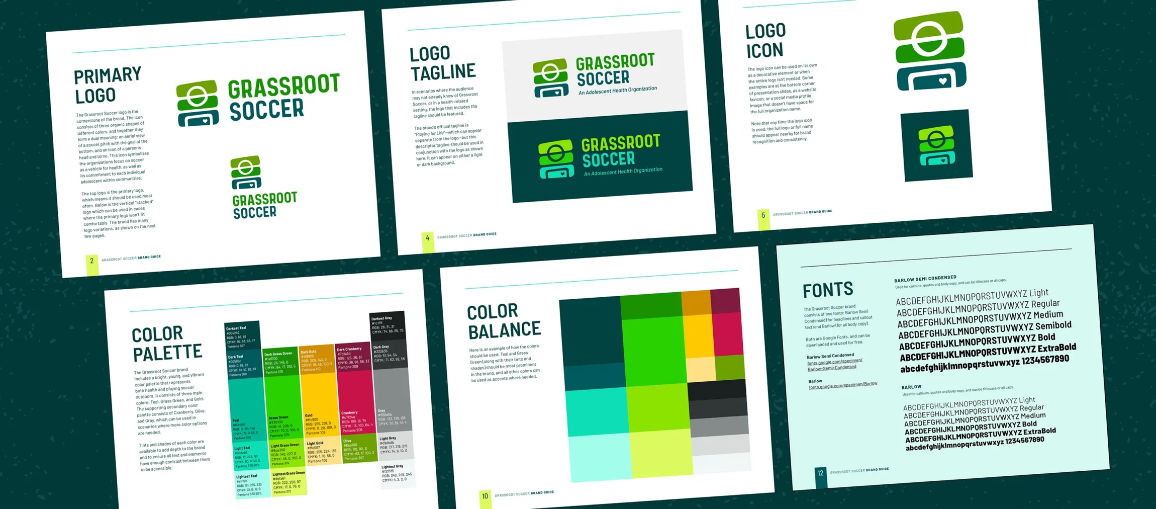 Pages from the Grassroot Soccer brand guidelines, showing the primary logo, logo variations, tagline usage, color palette, color balance, and typography