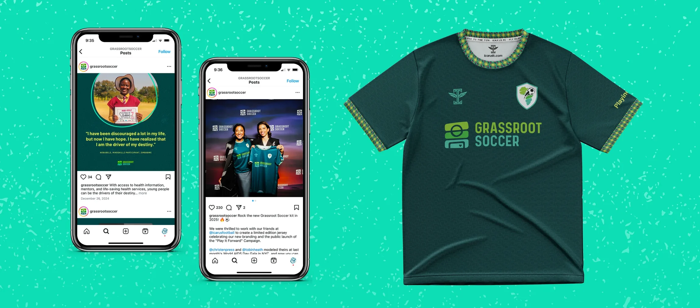 Grassroot Soccer branded Instagram posts on two smartphone mockups, alongside a branded soccer jersey featuring the new logo