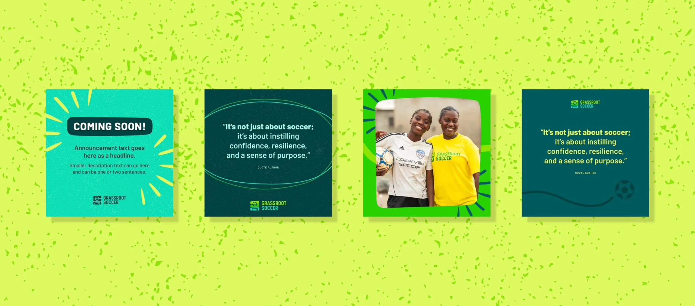 Grassroot Soccer branded social media post templates, including an announcement post, quote graphics, and a photo post featuring two young players