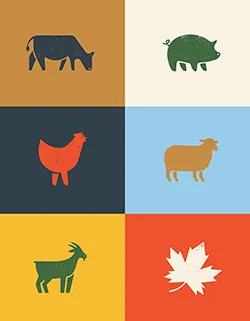 Icons of farm animals and a maple leaf.