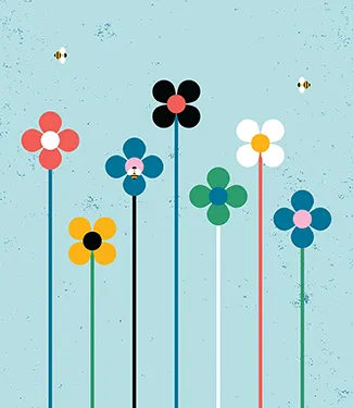 Colorful graphic flowers over a light blue background.