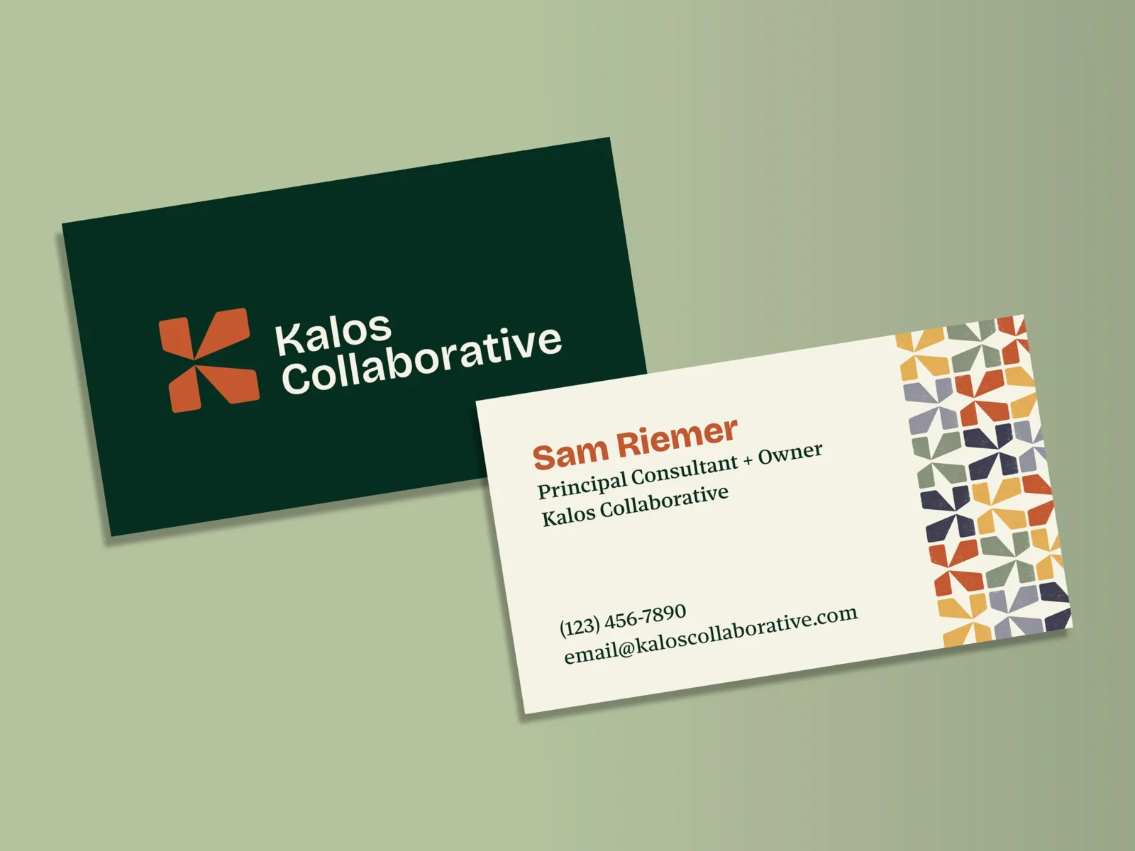 business cards for Kalos Collaborative, showing logo, name, and contact details