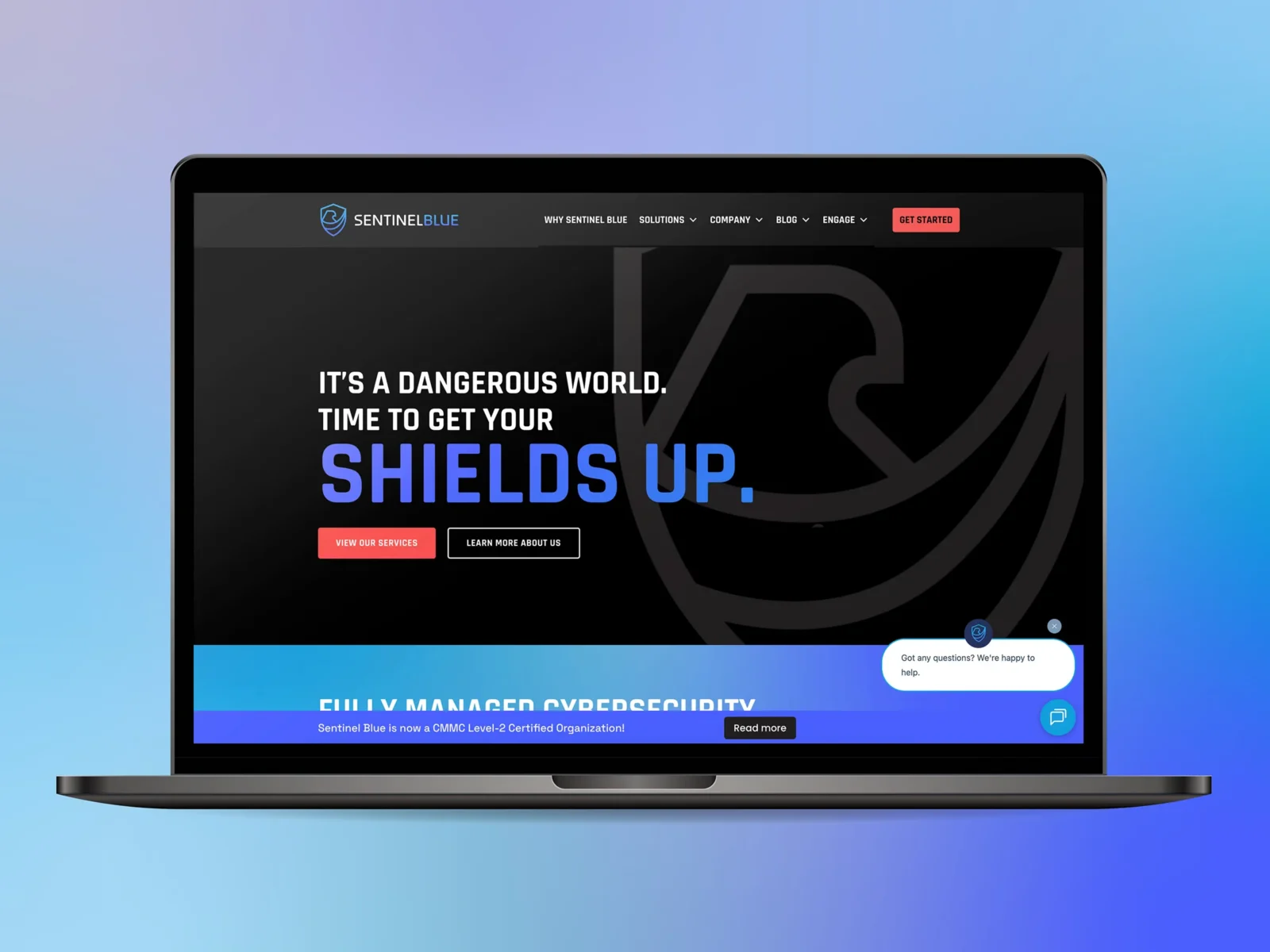 Laptop mockup showing a dark-themed cybersecurity website design